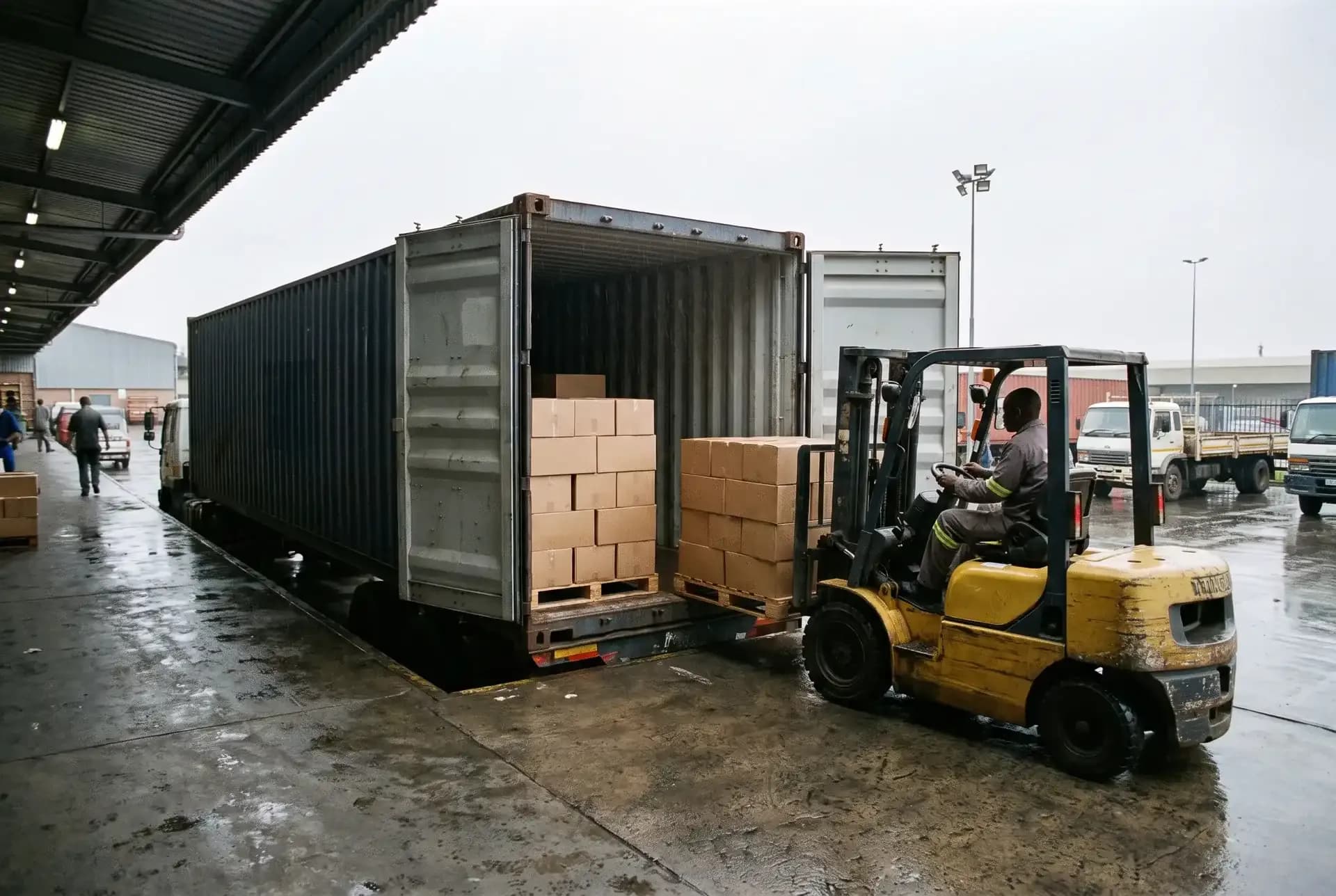 A container backed onto the loading bay with its doors open, pallets of boxed parts stacked inside and a forklift at the threshold.