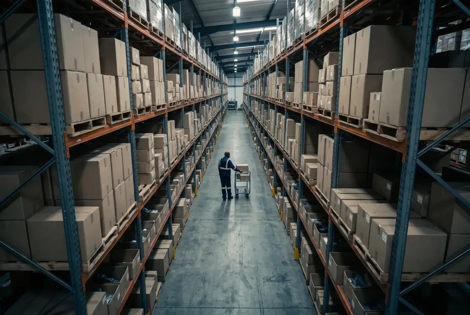 A long aisle of steel pallet racking in the distribution warehouse, stacked with boxed parts, a picker working mid-aisle.